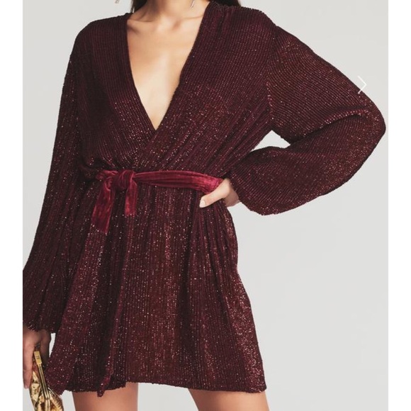NWT Retrofete Gabrielle sequin robe plum burgundy long sleeve mini dress Large